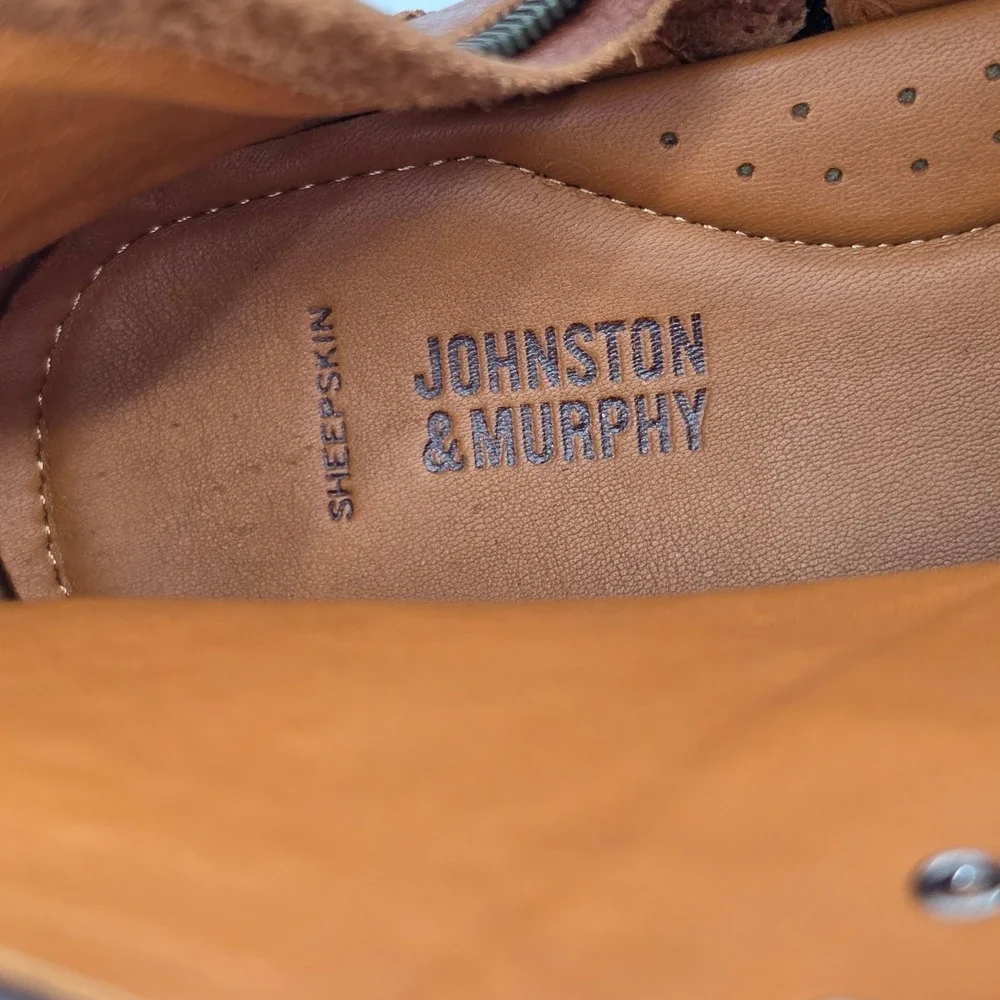 Johnston & Murphy Mens 10 Brown Leather Cap Toe Lace Up Boots Sheepskin EUC
